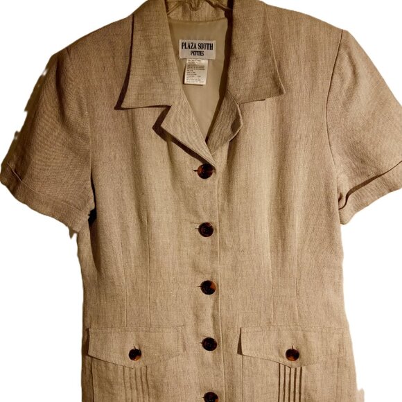 Women's LINEN Dress sz 10 Tan Button-front Short-sleeve Vintage 90's MIDI - Picture 2 of 12